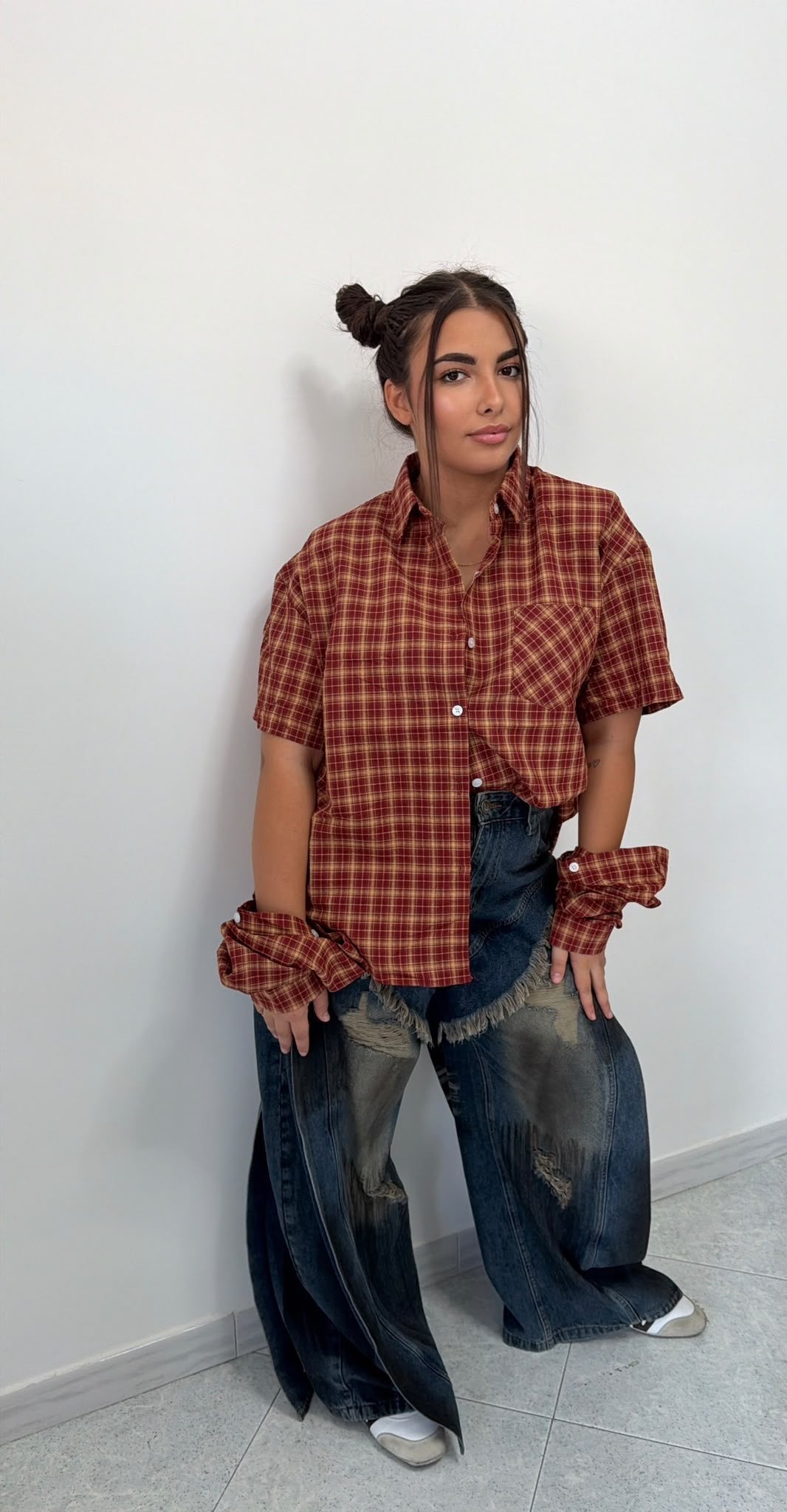 Camicia a Quadri Borgogna Manica Rimovibile