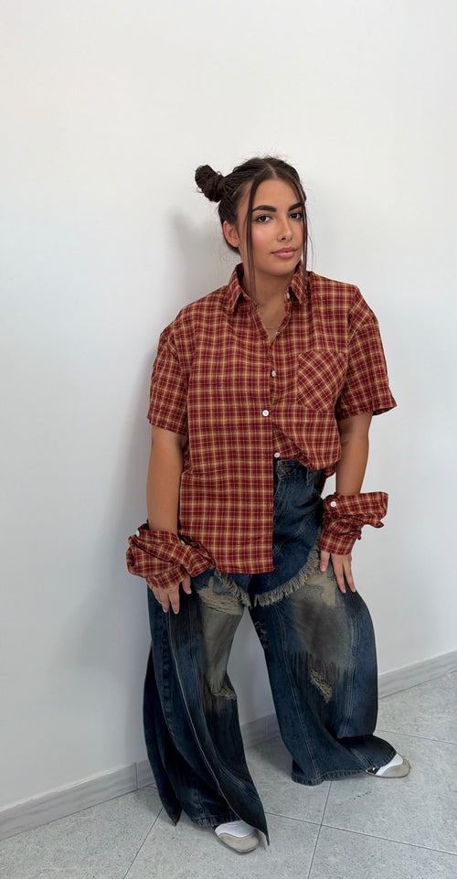 Camicia a Quadri Borgogna Manica Rimovibile
